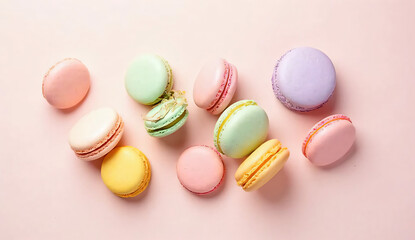 Obraz premium Assorted Colorful Macarons on Pastel Background – Modern Bakery Stock Photo