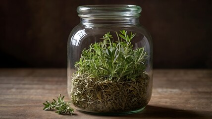 Fresh herbs in a jar, showcasing natural greenery, organic flavor, rustic kitchen decor, culinary inspiration, and healthy lifestyle elements in a simple aesthetic display