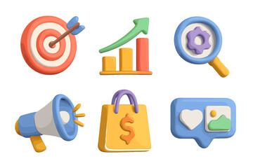 3D digital marketing icon set for business and e-commerce. Vector cartoon symbols for social media, sales growth, SEO optimization, advertising campaign, and audience targeting.