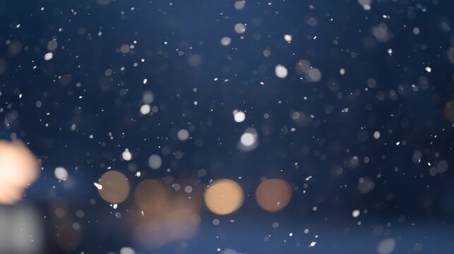 Gentle snowfall in soft illumination, evoking quiet winter mood and serene seasonal atmosphere.