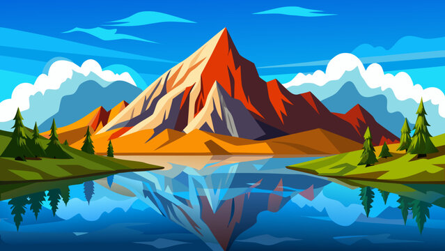 Vector art of breathtaking mountain range reflected in a pristine lake, set against a vibrant blue sky with fluffy clouds and lush green trees