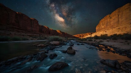 An enigmatic night scene above a dry river, featuring mysterious skies, tranquil landscape, and atmospheric beauty under moonlight in a serene natural setting