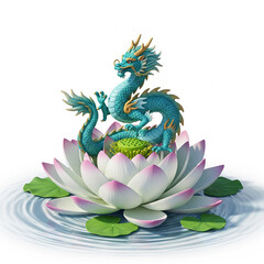 Obraz premium Teal Dragon Figurine on Lotus Flower in Water, isolated on a white background
