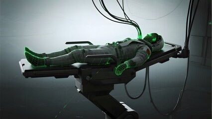 A futuristic medical scan with a person lying on a table, enveloped in green digital mapping.