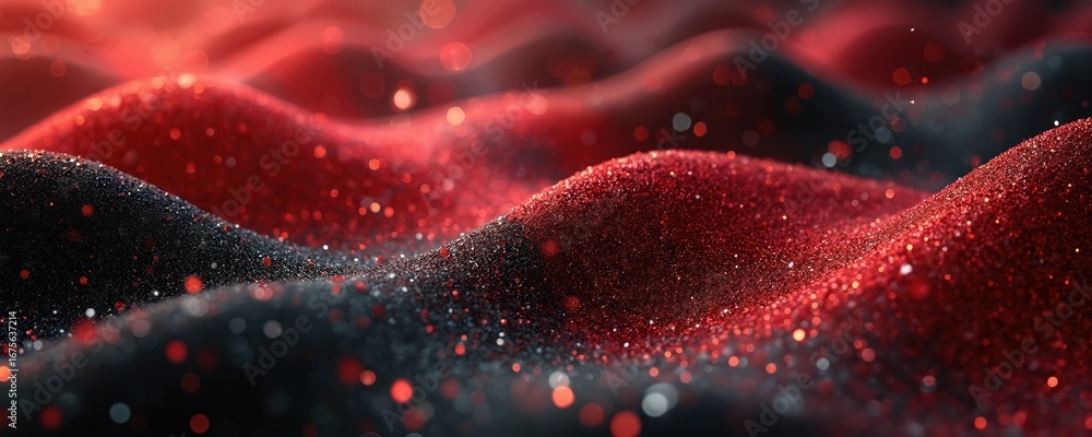 Poster abstract background with red, black glitter texture. smooth waves of shimmering fabric create luxuri