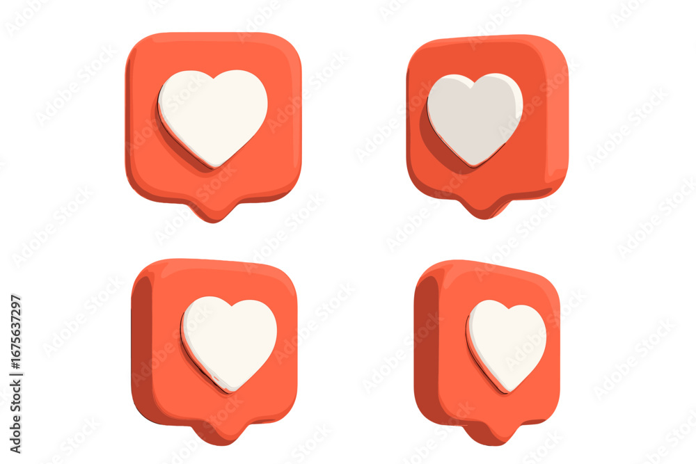 Aufkleber 3d social media like notification icon with heart symbol. render set from different angles. web butt
