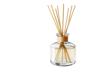 Reed diffuser displaying aromatic essence with wooden reeds in a glass bottle against a transparent background