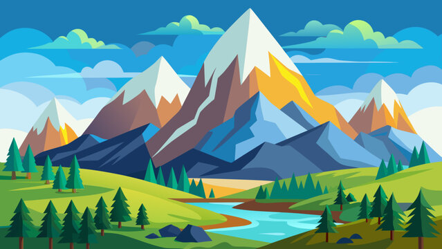 Vector art of majestic mountain range with snowcapped peaks, lush green valleys, and a winding river, creating a serene and picturesque natural landscape