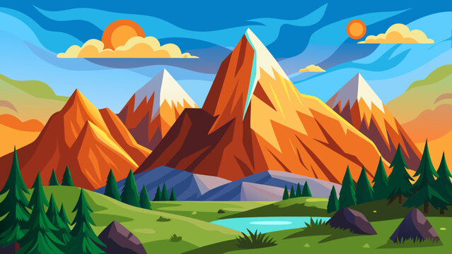 Vector art of scenic mountain landscape with snowcapped peaks, lush green valleys, and a clear blue sky, creating a picturesque and serene outdoor scene