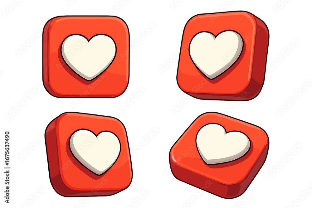 Aufkleber set of 3d social media like icons. vector cartoon heart button shown from different angles. app logo