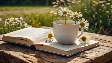 Summer nature background with chamomile flowers in a white mug, rustic straw hat, open book, and garden table, creating a cozy seasonal countryside relaxation scene