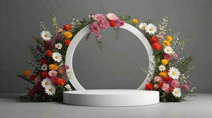 3D render of white round podium with colorful flowers on a gray background, elegant minimal display stand design for product presentation, exhibition, and branding
