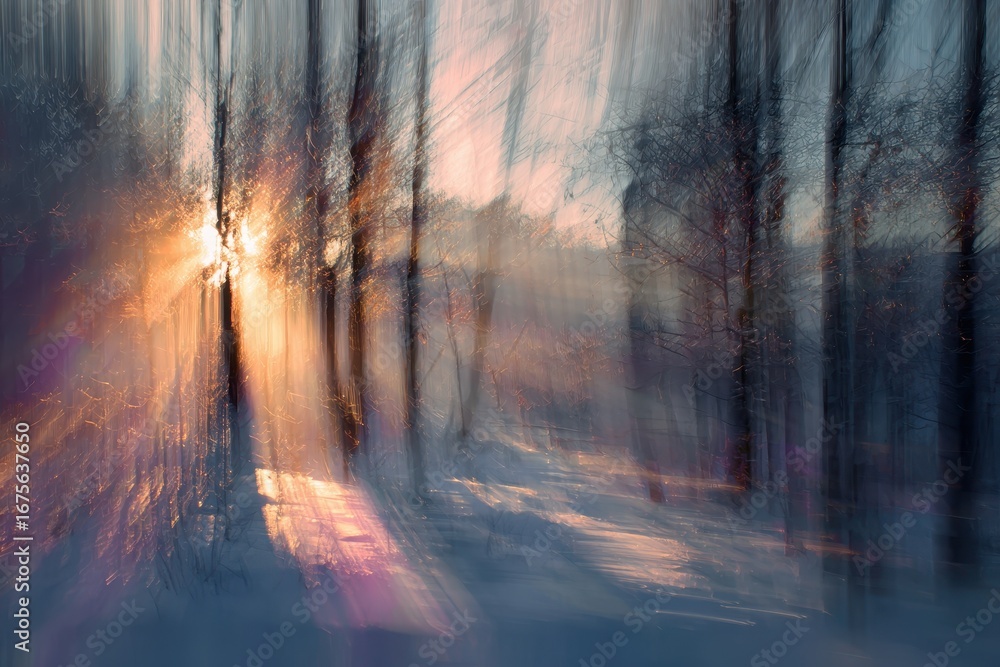Poster winter abstract landscape with sunlight filtering through trees, creating a beautiful glow in the sn