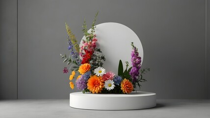 3D render of white round podium with colorful flowers on a gray background, elegant minimal display stand design for product presentation, exhibition, and branding