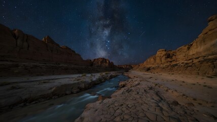 An enigmatic night scene above a dry river, featuring mysterious skies, tranquil landscape, and atmospheric beauty under moonlight in a serene natural setting