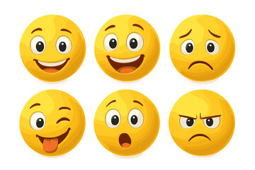 Set of 3D emoji faces with different emotions. Vector cartoon illustration of yellow emoticons. Happy, sad, angry, surprised, winking smiley faces collection isolated.