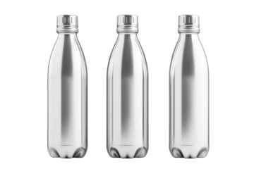 Empty glossy metal reusable water bottles arranged in a row showcasing a sleek design ideal for sustainable living and hydration in modern lifestyles