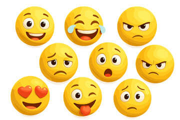 Fototapeta premium Set 3D emoji face with different emotions. Realistic yellow emoticons with various facial expressions. Sad, happy, angry, love, laugh, surprised. Vector cartoon illustration.