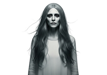 Pale Woman, Ghostly Figure, Mysterious Female Portrait: Monochrome, Serious Expression, Long Hair, Ethereal, Supernatural, Enigma isolated on transparent background