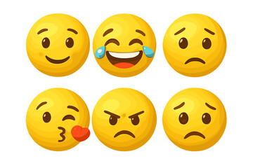 Vector set of 3D yellow emoji showing different emotions. Realistic emoticon characters with various facial expressions: happy, sad, angry, love kiss, and cry laughing.