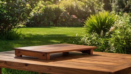 Wooden table product display in a garden background with fresh grass, lush foliage, and bright sunlight, perfect for natural mockups, outdoor design, and rustic scenes