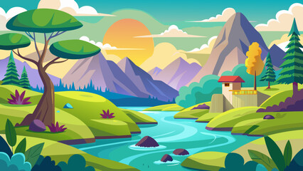 Naklejka premium Vector art of cartoon landscape with river, mountains, trees, and a building under a bright sun, showcasing a serene and idyllic natural scene