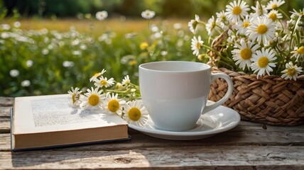 Summer nature background with chamomile flowers in a white mug, rustic straw hat, open book, and garden table, creating a cozy seasonal countryside relaxation scene
