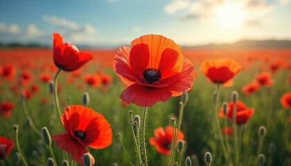 Obraz premium Vibrant red opium poppies bloom abundantly in a sunlit field during spring. Papaver somniferum flowers show delicate petals and dark centers, set against a soft green background with blue sky.
