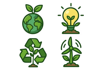 Eco-friendly icon set with sustainable symbols. Green energy concept with planet earth, recycling sign, plant lightbulb idea, and wind turbine. Vector cartoon illustration.