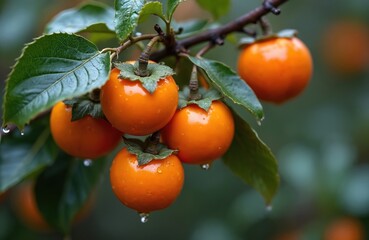Ripe persimmon fruits hang on tree branches, glistening with water droplets. Juicy, vibrant orange kaki fruits showcase natural beauty, freshness in autumnal mountain setting, hinting at healthy