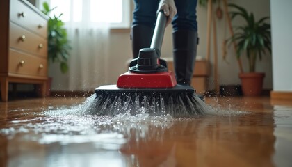 Person uses machine for water extraction from flooded floor. Professional cleaning service for wet interior, removing spill damage. Appliance helps with disaster recovery, urgent assistance for
