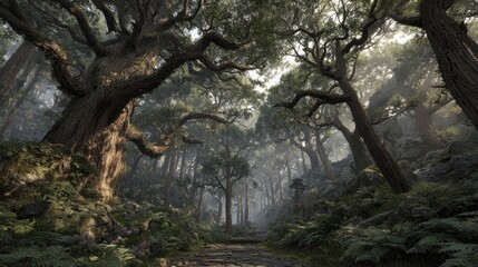 A misty forest path winds through towering trees, dappled with sunlight and shaded by ancient foliage.