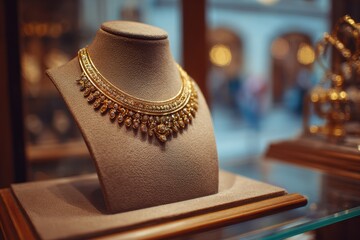 Luxury golden necklace displayed elegantly on a stand in a boutique with warm lighting showcasing exquisite craftsmanship and design