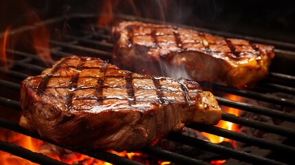 Two sizzling T-bone steaks grilled with high flames over coal, fat bubbling and ember glow reflecting on grill surface, top view, full frame,