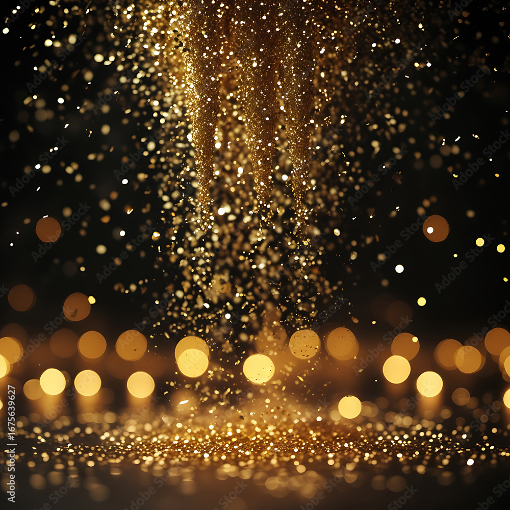 Poster golden glittering bokeh lights falling down creating a magical and festive atmosphere.