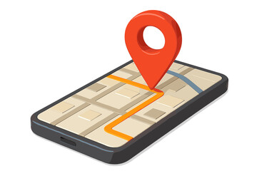 3D render of a smartphone with GPS map navigation app and red pinpoint. Vector illustration of a phone showing a route to a destination. Mobile location tracking and search concept.
