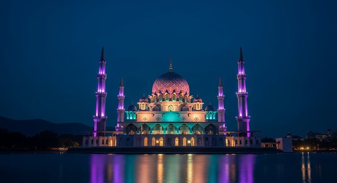 Majestic Putra Mosque illuminated at night reflecting vibrant colors on tranquil water. - Powered by Adobe