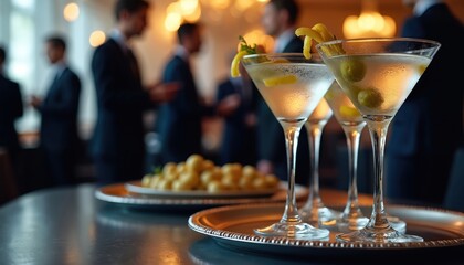 Elegant martini cocktails with olives, lemon twists served at corporate event. Business people in suits network in blurred background. Sophisticated celebration, luxury hospitality, social gathering