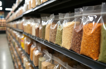 Grocery store shelves display an assortment of groats in clear plastic bags. Varieties of grains, seeds, and legumes are neatly packaged, offering a wide selection for healthy eating and cooking.