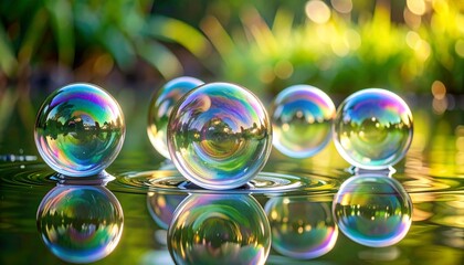 Magical iridescent soap bubbles reflecting a serene green garden on a tranquil water surface