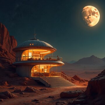 Futuristic cafe on Mars planet with large windows showing interior seating, bar area. Orange moon hangs in dark starry sky above barren desert landscape with mountains in distance. Red rock