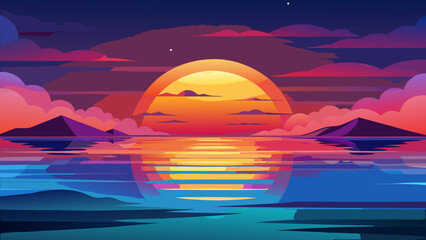 Obraz premium Vector art of a stunning sunset landscape with mountains reflecting in the water, presenting a colorful and serene scene of natures beauty