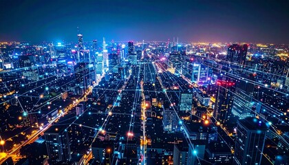 Connected Cityscape Digital Network Over Urban Skyline at Night