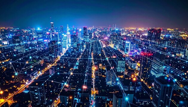 Connected Cityscape Digital Network Over Urban Skyline at Night