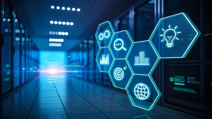 Futuristic data center corridor with glowing holographic business and technology icons
