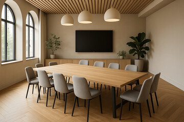 木目テーブルと観葉植物が映える会議室デザイン