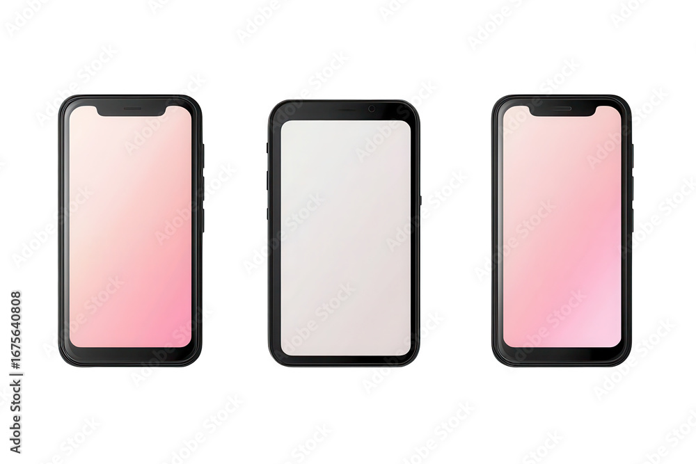 Poster set of three smartphones isolated on a transparent background showcasing different designs and blank