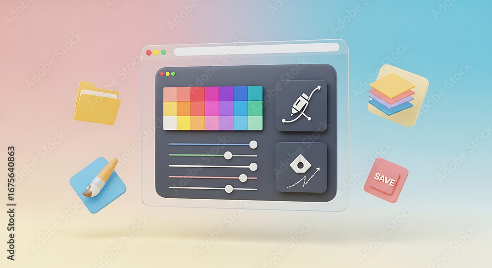 Fototapete conceptual 3d rendering of a graphic design application interface with color palette, sliders, and c