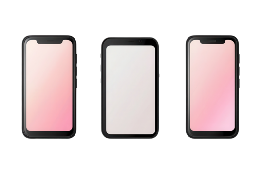 Set of three smartphones isolated on a transparent background showcasing different designs and blank screens for diverse applications