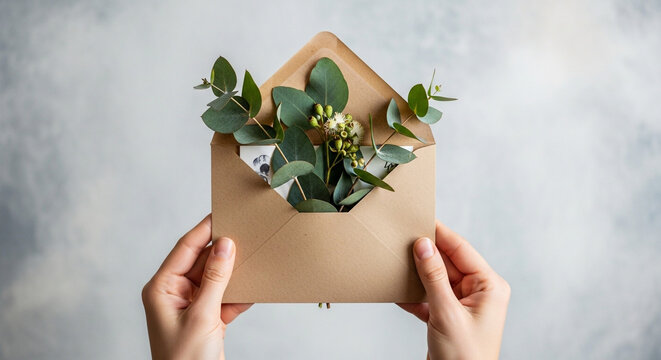 Elegant envelope overflows with delicate eucalyptus, offering a touch of natural beauty and thoughtful sentiment.